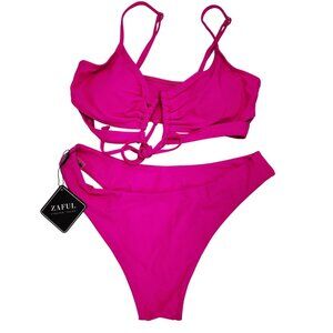 Zaful Womens Pink Ruched Bikini Set With Adjustable Straps & Tie Back Size S